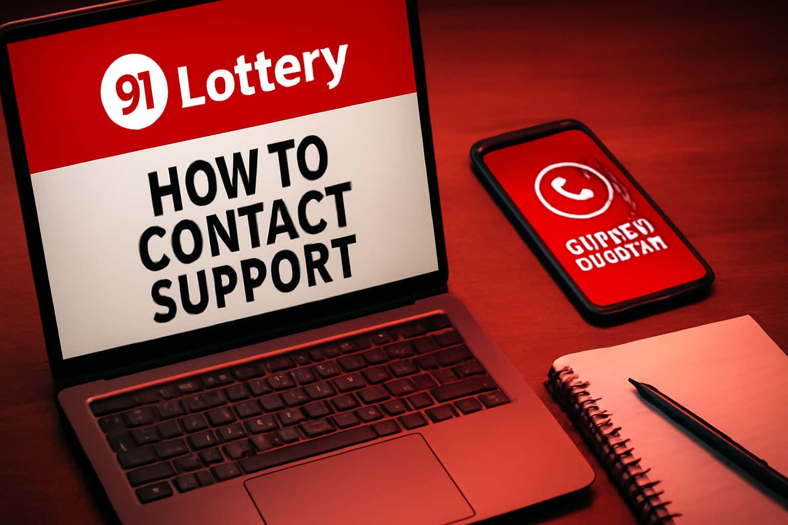 A high-tech illustration showing a communication concept for contacting 91 Lottery support.